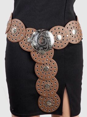 Western Boho Brown Leather Circle Concho Belt with Silver Medallion
